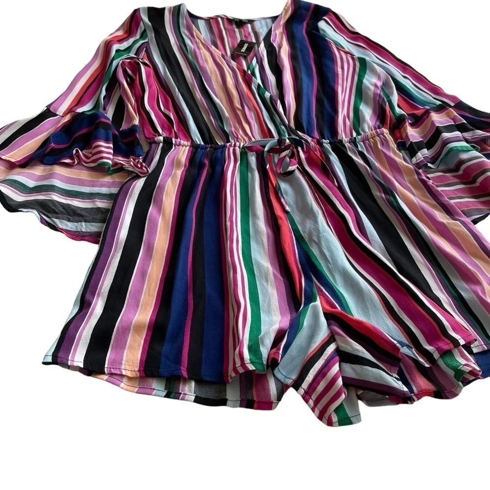 Express Romper Jumper Shorts Pink Rainbow Stripe Size Small Surplice NWT Barbie - Picture 4 of 9